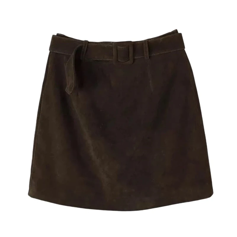 Women Autumn High Wide Waist Sheepskin Retro Suede Real Leather Mini Skirt Dark Brown