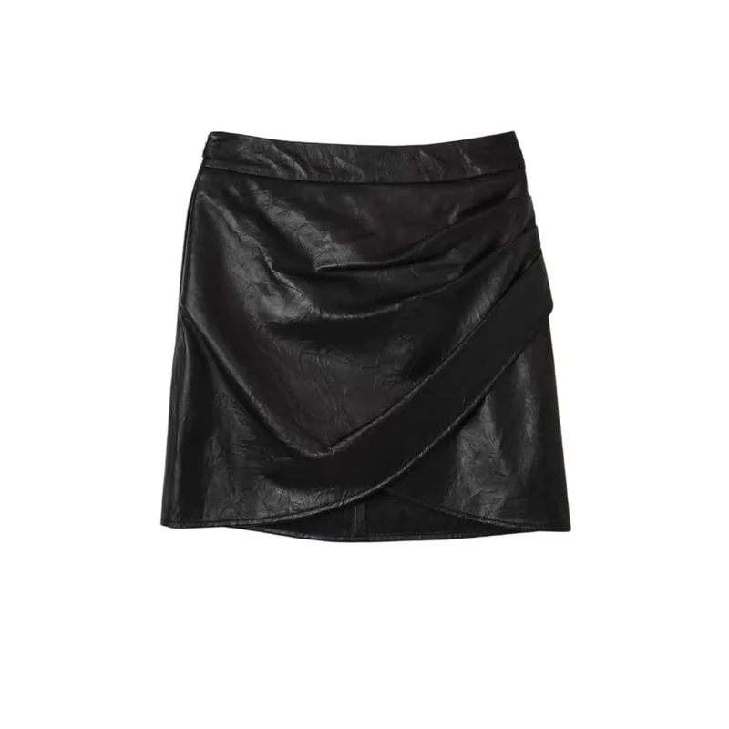 Women Sheepskin Short Sexy Front O-Shape Scratch Wrinkles Mini Leather Mini Skirt Black