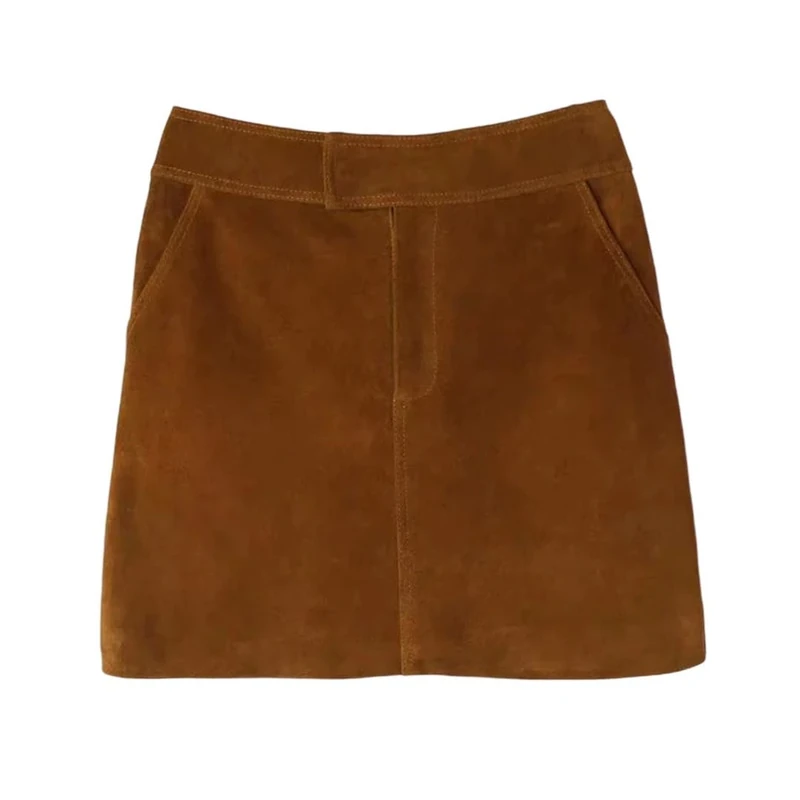 Women Autumn High Wide Waist Wrap Cargo Retro Suede Leather Mini Skirt Short Yellow Brown