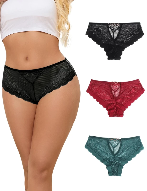 ohyeahlady Sexy Lace French Knickers Plus Size Thong Panties Womens Back Cut Out Brazilian Cheeky Underwear with Heart Shaped Chain Breathable Hipster Briefs Pack of 3 L