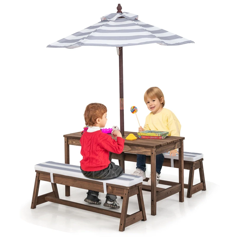 GYMAX Kids Picnic Table, Wooden Toddler Garden Table and Benches Set (Grey)