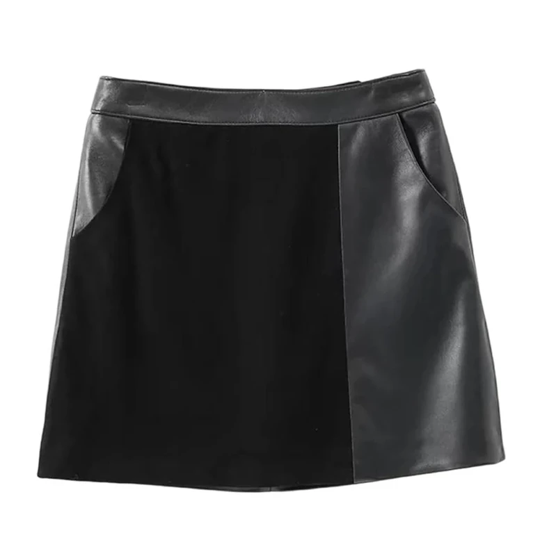 Women Spring High Waist High Street Patchwork Genuine Leather Sexy Mini Suede Skirt Black