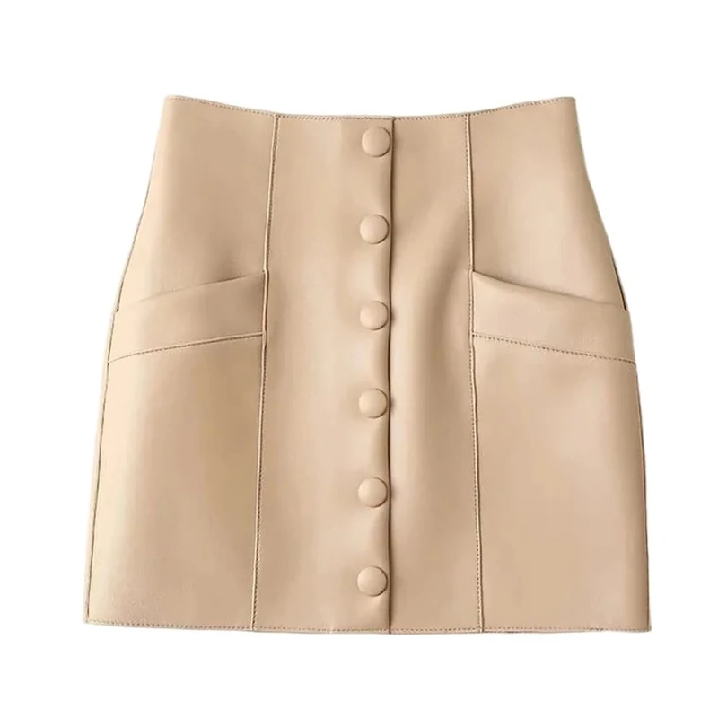 Women Summer Genuine Leather Skirt High Waist Sexy Ladies Mini Skirts Khaki