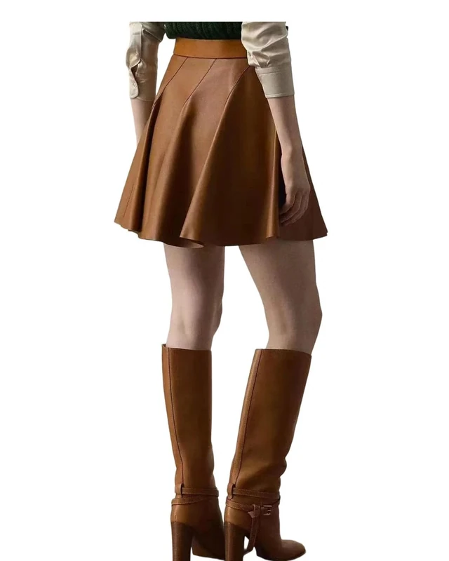 Women Lotus Leaf Pleated Mini Real Leather Long Legs Short Skirt