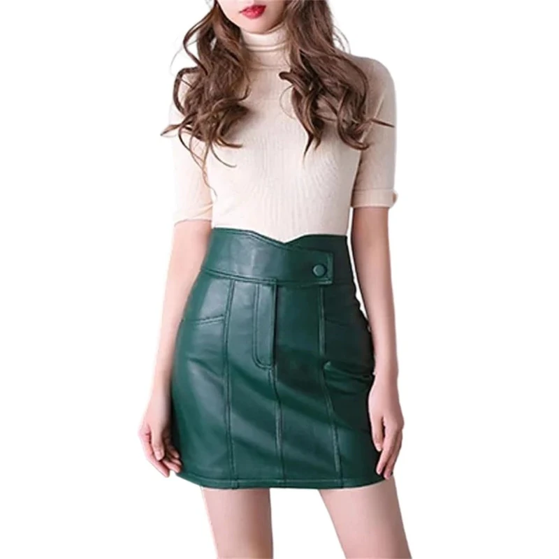 Women's Spring Genuine Leather Short Skirt Ladies A-Line Slim Zipper Mini Skirt