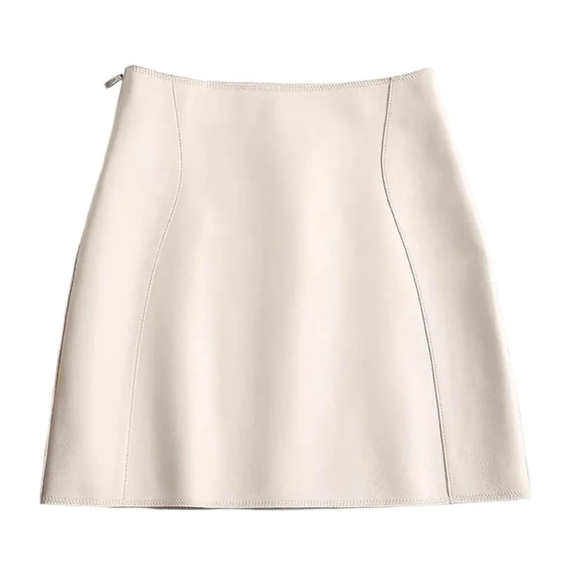 Women Spring Korean High Waist A-Line Skirt High Street Genuine Leather Sexy Mini Skirt Cream