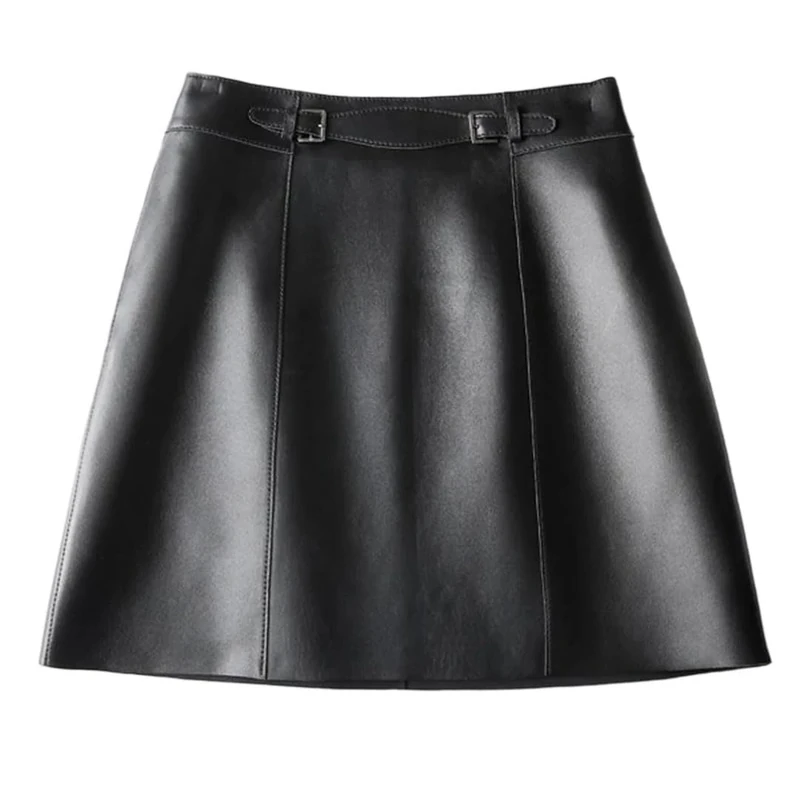 Women Spring South Korean High Waist Buttons Retro A-Line Skirt Genuine Leather Sexy Mini Skirt Black
