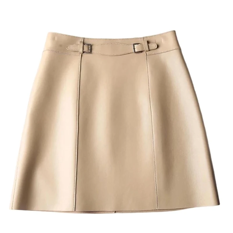 Women Spring South Korean High Waist Buttons Retro A-Line Skirt Genuine Leather Sexy Mini Skirt Khaki