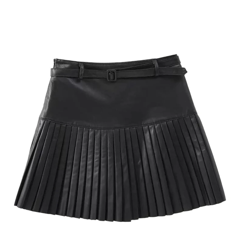 Women Spring Preppy Style High Waist Sashes Pleated Mini Pleated Genuine Leather Skirt Black