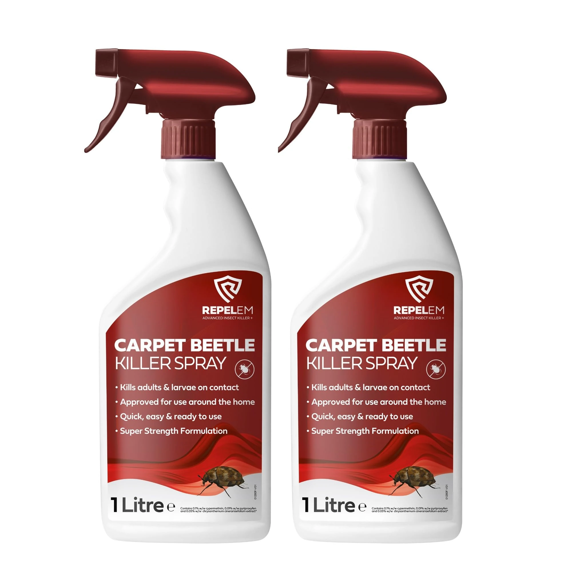 REPELEM 2 Pack Carpet Beetle Killer - Large 1L Instant Action Beetle Spray, Low Toxicity Carpet Treatment, Kills Carpet Bugs at all life stages, Professional Strength Insecticide Carpet Spray
