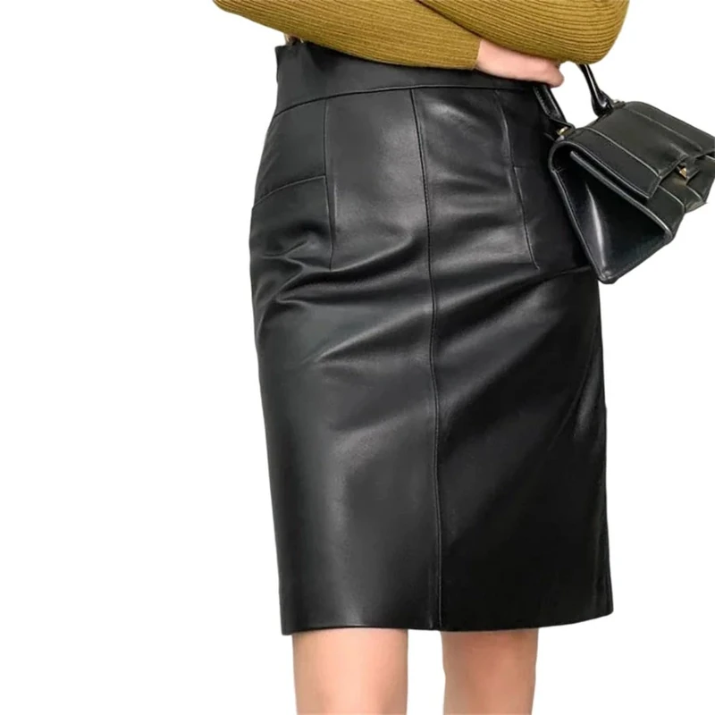 Women High Waist Slim Genuine Leather H-Line Mini Hip Wrap Skirt Black