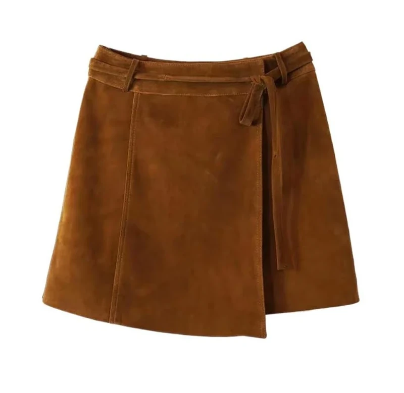 Women Autumn High Sheepskin Vintage Micro Skirt Suede Real Leather Sashes Mini Skirt Brown