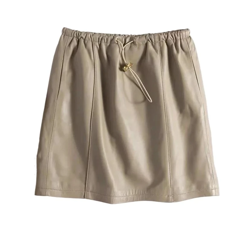 Women Spring South High Waist Elastic Waist Skirt High Street Genuine Leather Sexy Mini Skirt Beige