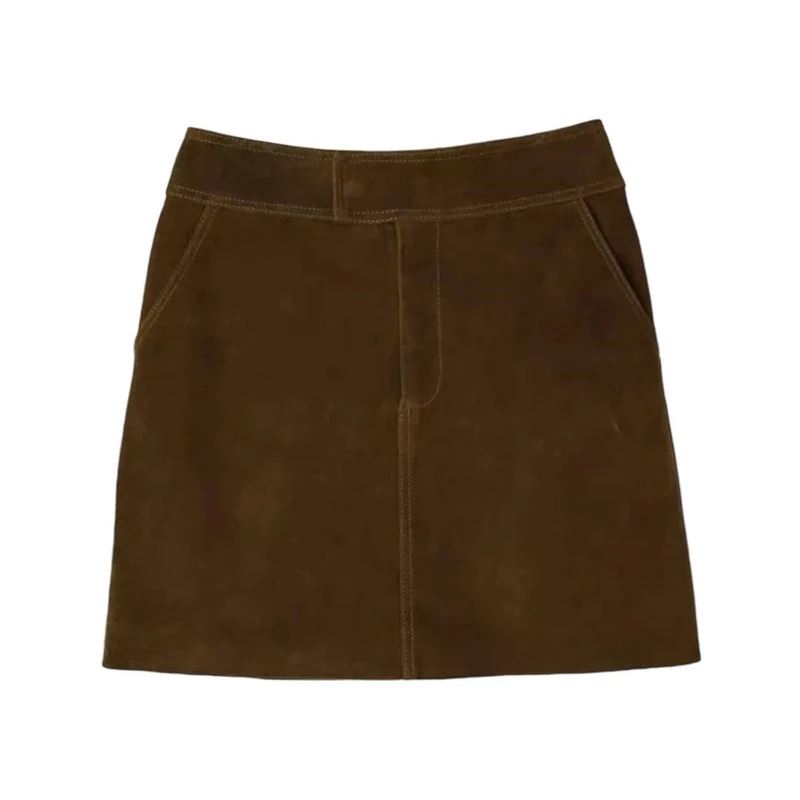 Women Autumn High Wide Waist Wrap Cargo Retro Suede Leather Mini Skirt Short