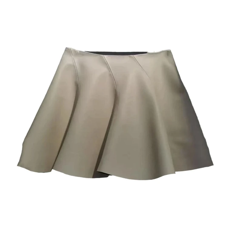 Women Lotus Leaf Pleated Mini Real Leather Long Legs Short Skirt White