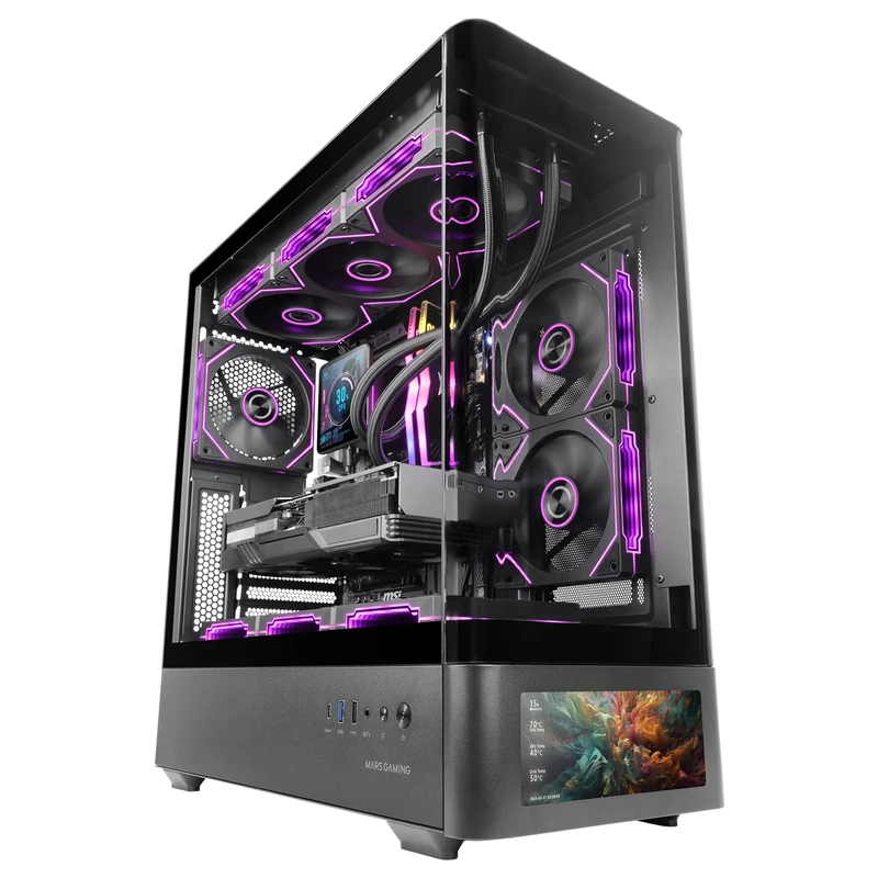 Mars Gaming MC-LCDPRO, Gaming ATX Case, Customizable IPS LCD Screen 7.2", Curved Tempered Glass Front and Side, Dual Chamber Structure, Liquid Cooling Support up to 360mm, Black