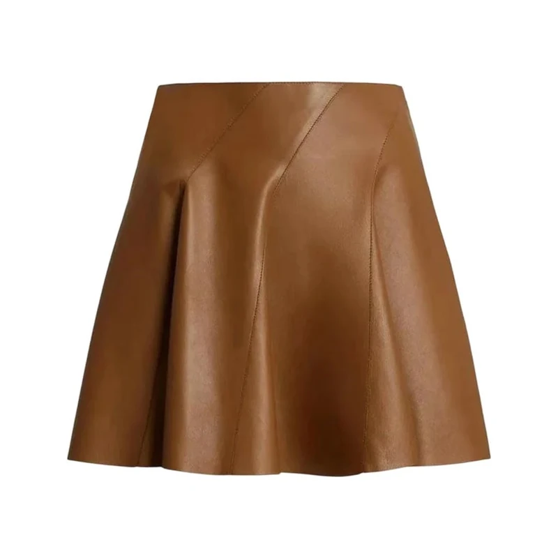 Women Lotus Leaf Pleated Mini Real Leather Long Legs Short Skirt Yellow Brown