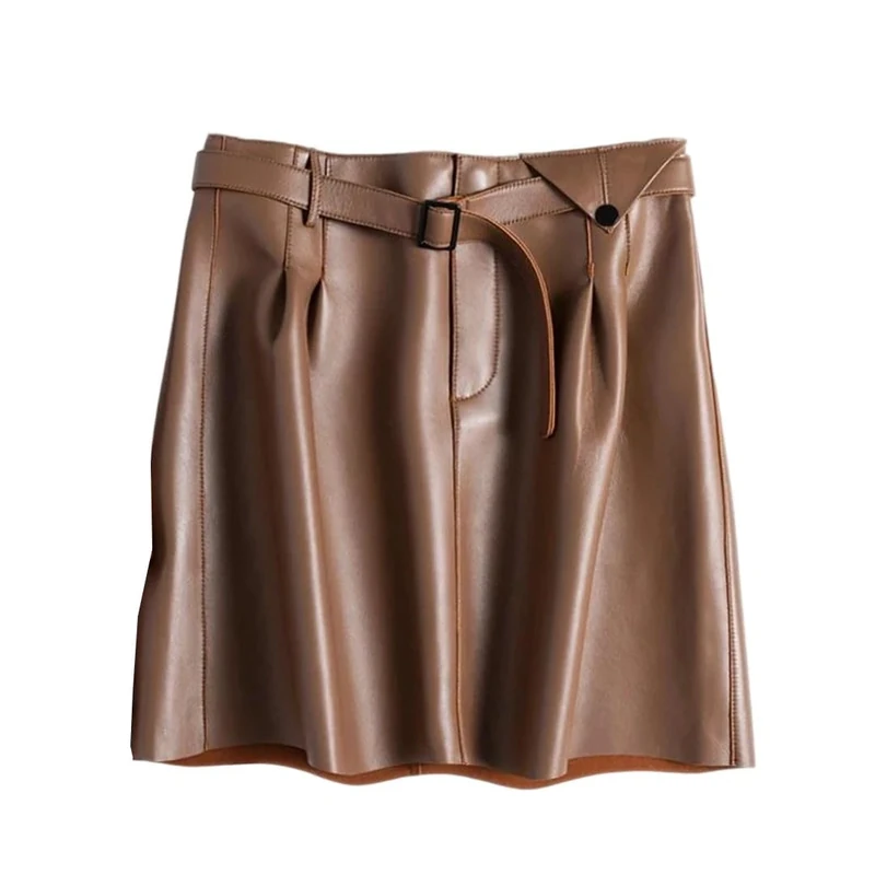Women Spring High Waist Buttons Retro A-Line Skirt Belt Genuine Leather Sexy Mini Skirt Brown