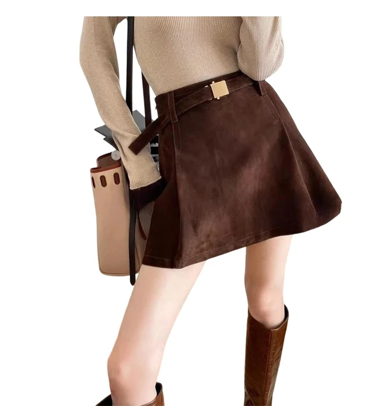 Women Sheepskin Retro Brown Mini with Waistband A-Line Kid Suede Leather Pleated Skirt