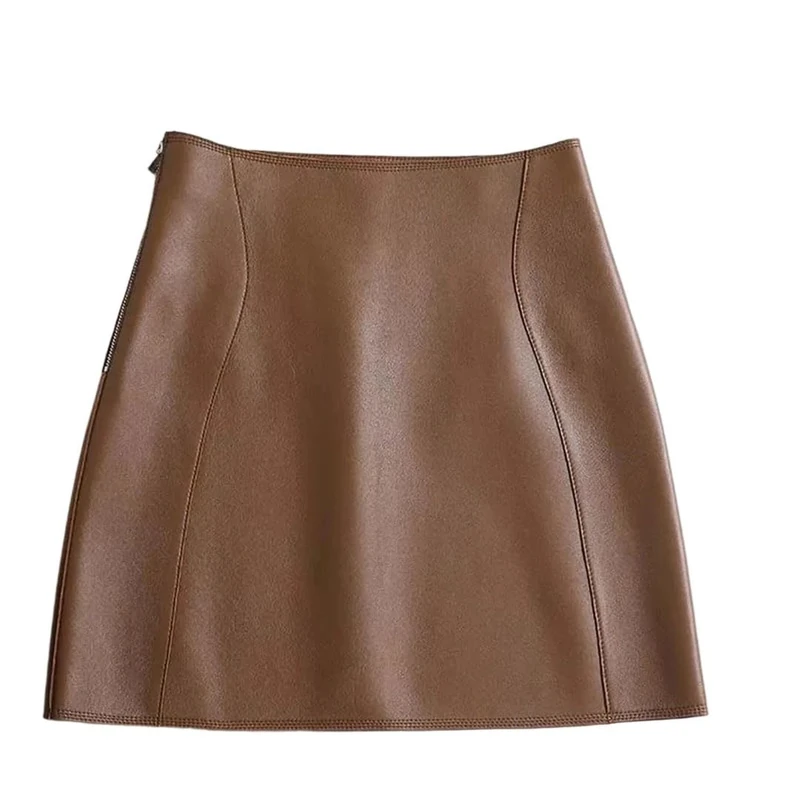 Women Spring Korean High Waist A-Line Skirt High Street Genuine Leather Sexy Mini Skirt Brown