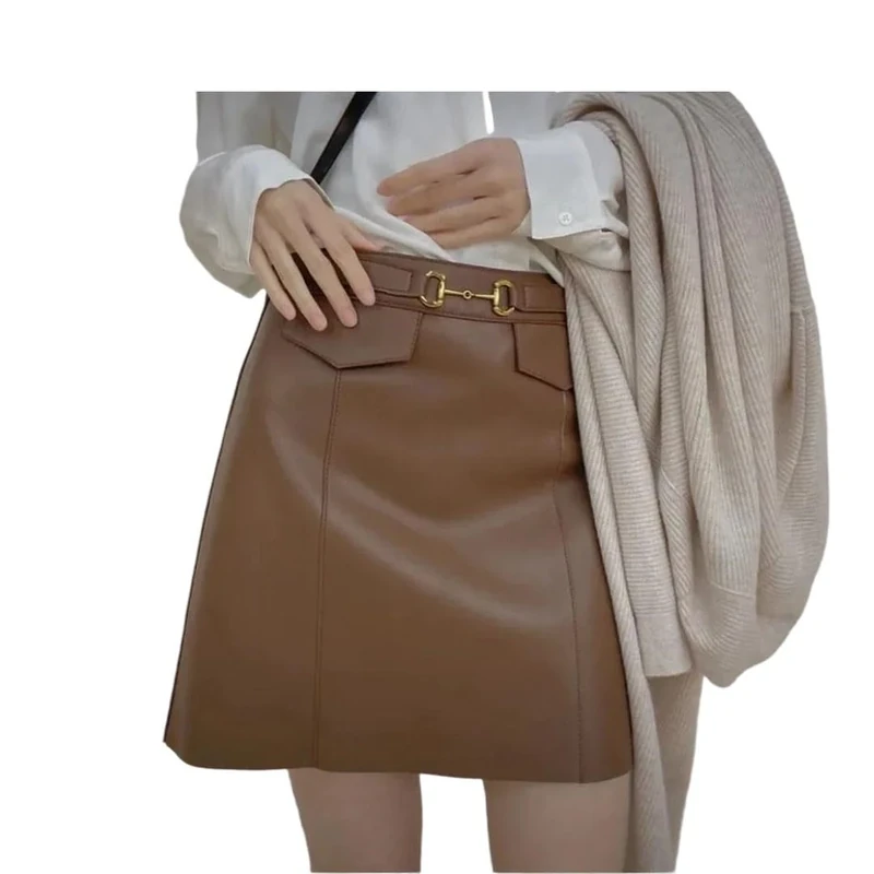 Women Spring High Waist A-Line Skirt High Street Belt Genuine Leather Sexy Mini Skirt Brown
