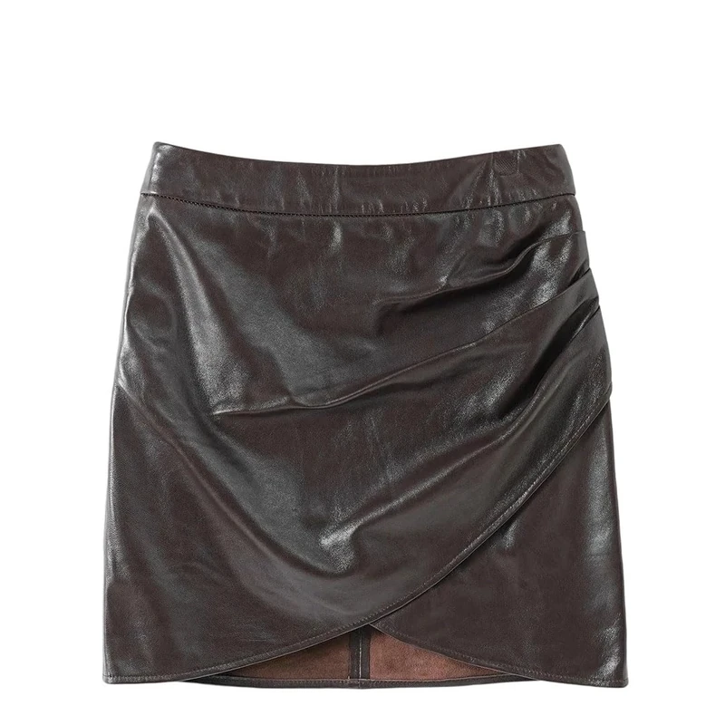 Women Sheepskin Short Sexy Front O-Shape Scratch Wrinkles Mini Leather Mini Skirt Dark Brown