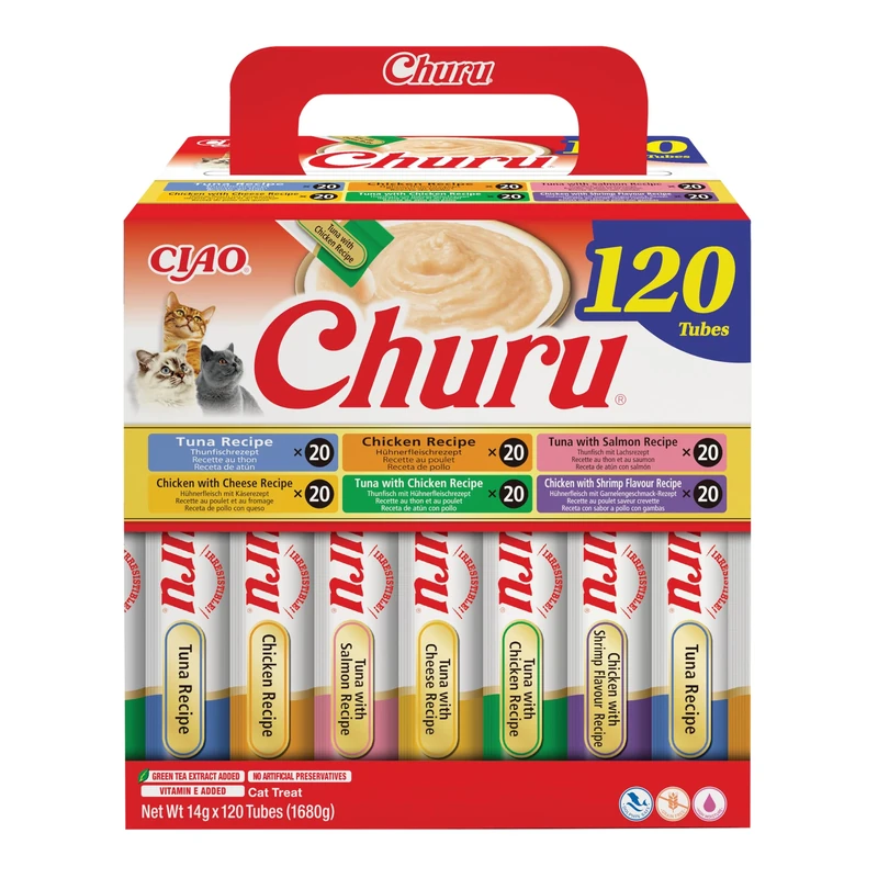 Churu by INABA Cat Treat - Chicken & Tuna Variety Box - 1 Pack (120 x 14g total) / Soft & Creamy Cat Treat, Delicious & Healthy Snack, Purée Food Topper, Natural, Grain Free