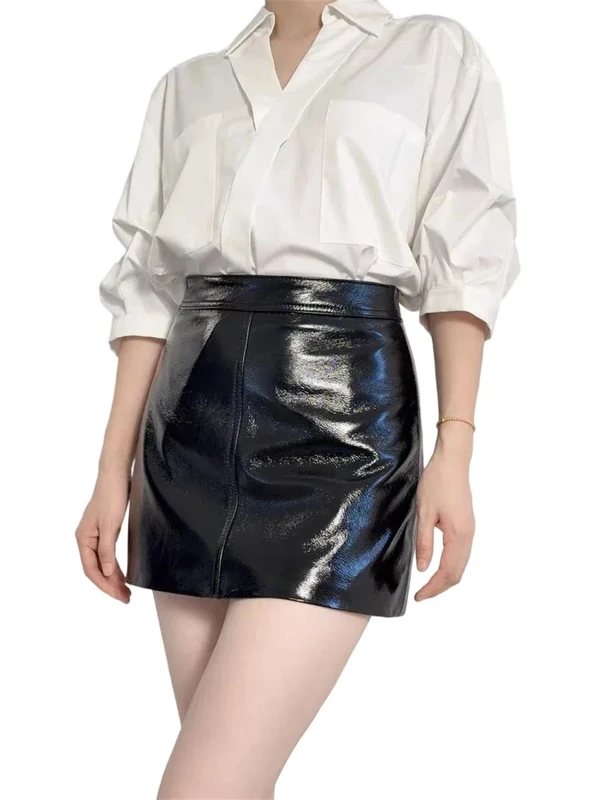 Women Spring Slim Fit High Waist Leather Skirt Retro Genuine Kid Suede Leather Skirt Mini Skirt Black