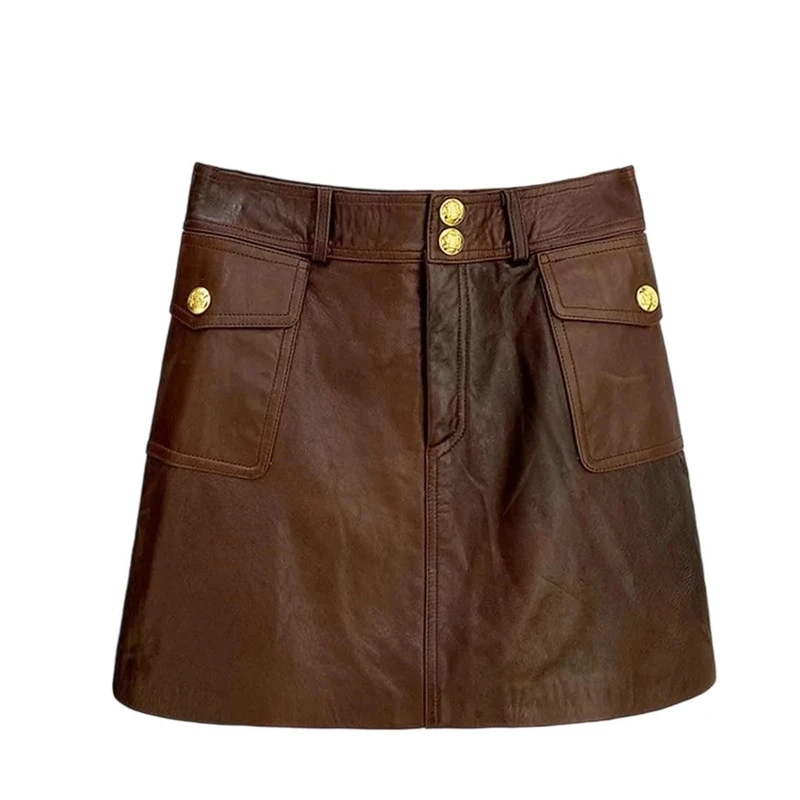 Women Spring Mid-Waist A-Line Skirt Sheepskin Short Mini Genuine Leather Skirts Brown