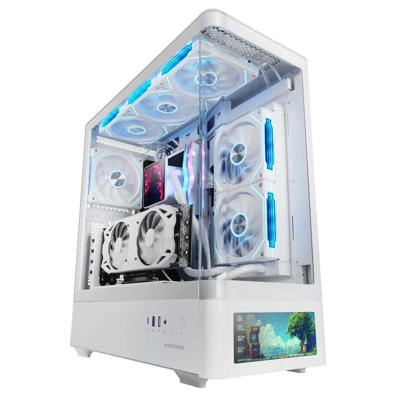 Mars Gaming MC-LCDPRO, Gaming ATX Case, Customizable IPS LCD Screen 7.2", Curved Tempered Glass Front and Side, Dual Chamber Structure, Liquid Cooling Support up to 360mm, White