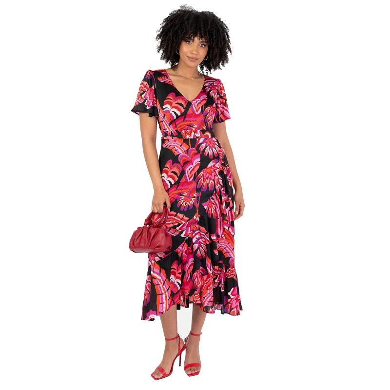 Lovedrobe Women's Midaxi Dress Ladies V-Neck Angel Sleeve Tropical Floral Print Waterfall Ruffle Faux-wrap High-Low Hem A-line, Multi 14