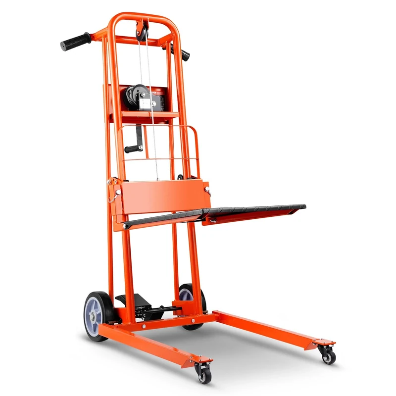 VEVOR Material Lift Winch Stacker, 150 kg Capacity Pallet Truck Dolly, 109 cm Max Lifting Height Manual Winch Stacker, Multifunctional Manual Pallet Truck Stacker with Swivel Casters and Lift Plate