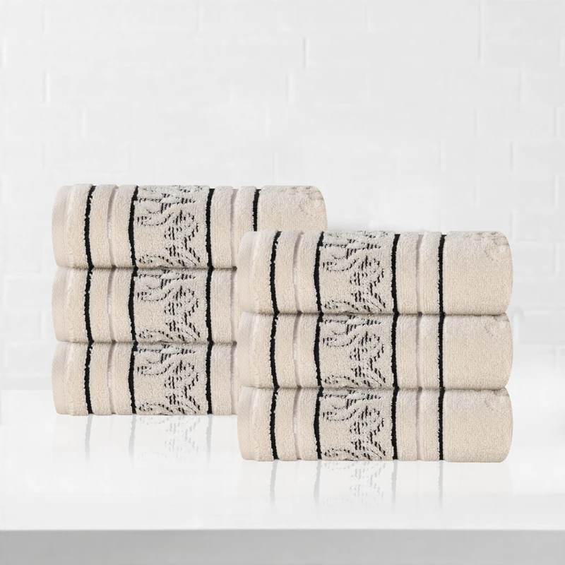 Superior Cotton Hand Towel Set, Small Towels, Plush Soft Absorbent Bathroom Basics, Home Essentials, Spa, Salon, Hotel, Kitchen, Luxury Quick Drying, Zero-Twist, Jacquard Floral, Set of 6, Ivory