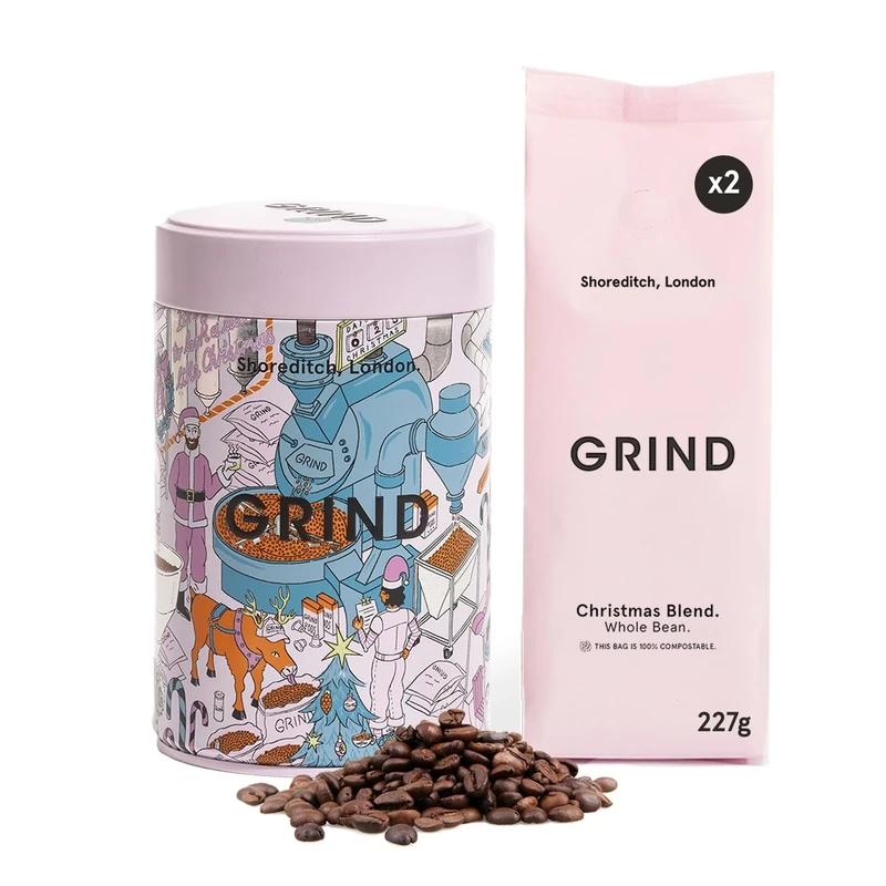 Grind Christmas Coffee Bean Bundle – Limited Edition – Decorative Tin with 227g of Whole Beans – 100% Arabica – Medium Roast – Single Origin and Specialty Grade – Gift for Christmas