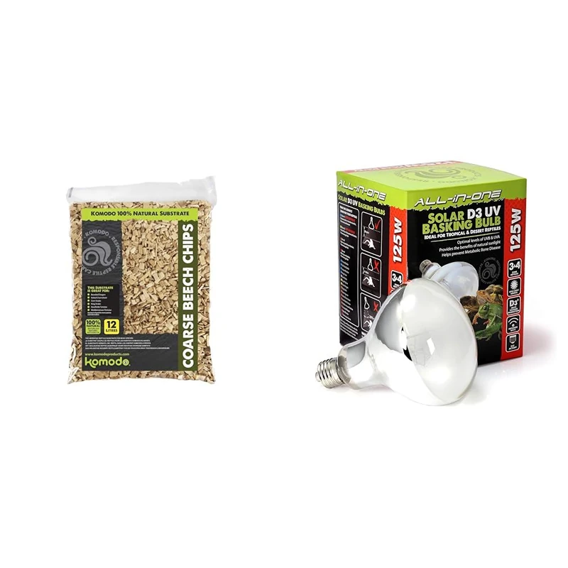 Komodo Reptile Habitat Bundle – Coarse Beech Chips Substrate 12L + Solar D3 UV Basking Bulb 125W (91g), Natural Bedding & Heat/Light for Terrariums