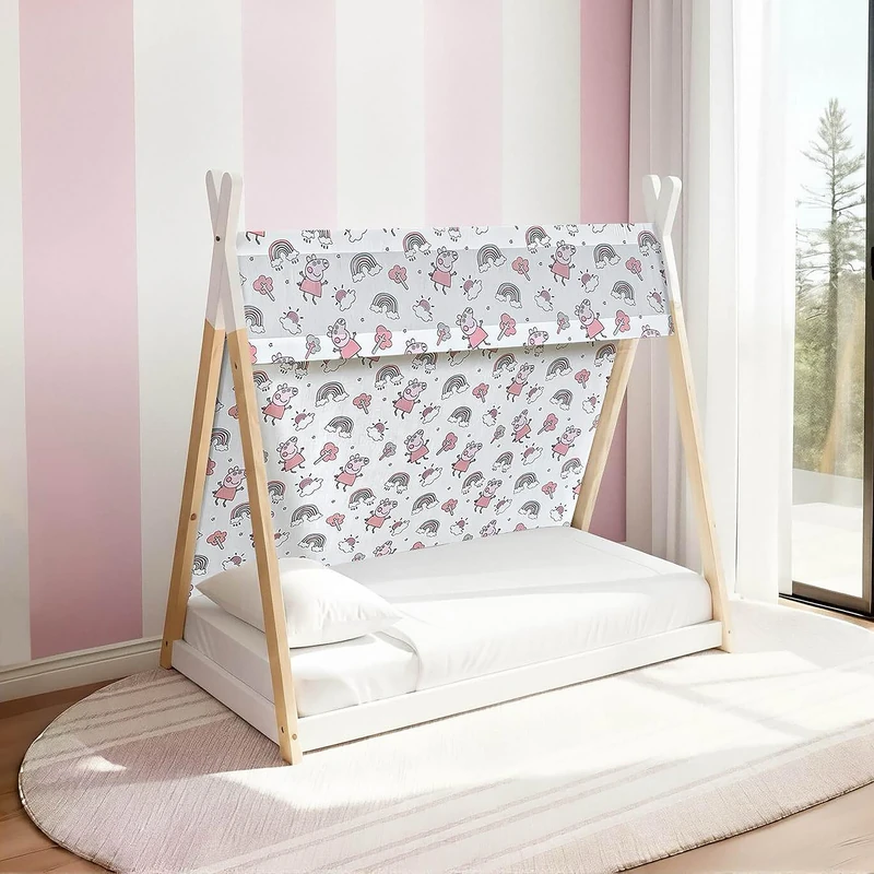 Kids Peppa Pig House Bed Frame with Fabric Canopy – Wooden Toddler Floor Bed with Peppa Pig Print Tent Cover – Montessori Style Children’s Bed for Bedroom - Image 1