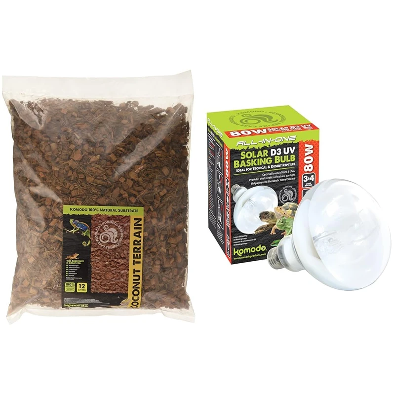 Komodo Reptile Habitat Bundle – Coconut Terrain Substrate 12L (45cm Height) + Solar D3 UV Basking Bulb 80W, Natural Bedding & Heat/Light for Terrariums