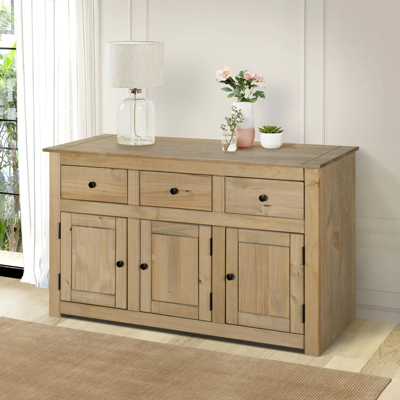 Mews Panama Sideboard 3 Door 3 Drawer Solid Pine Wood Waxed Oak Finish - Image 1