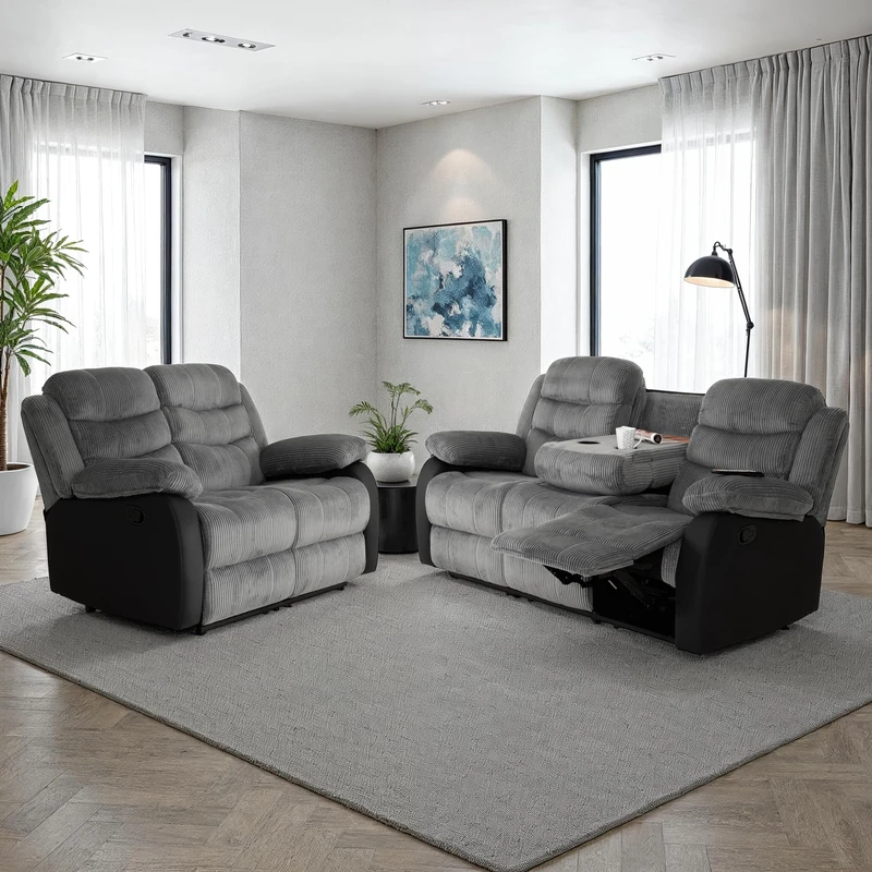 Seconique Roma 3+2 Recliner Suite in Grey Jumbo Cord Fabric and Black Faux Leather