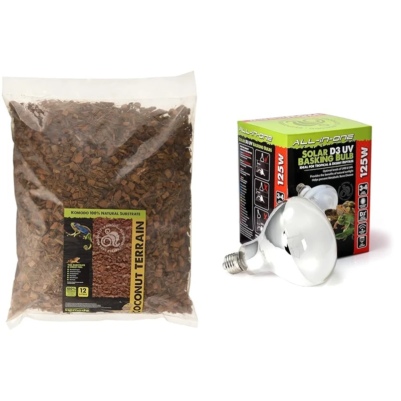 Komodo Reptile Habitat Bundle – Coconut Terrain Substrate 12L (45cm Height) + Solar D3 UV Basking Bulb 125W, Natural Bedding & Heat/Light for Terrariums