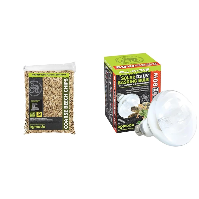Komodo Reptile Habitat Bundle – Coarse Beech Chips Substrate 12L + Solar D3 UV Basking Bulb 80W (90g), Natural Bedding & Heat/Light for Terrariums