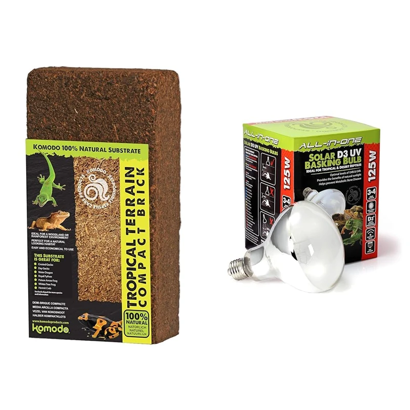 Komodo Reptile Habitat Bundle – Tropical Terrain Compact Brick Substrate 64g + Solar D3 UV Basking Bulb 125W, Natural Bedding & Heat/Light for Terrariums
