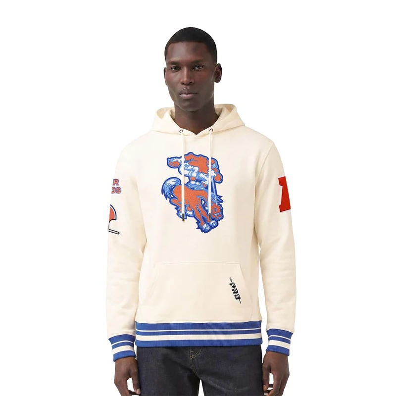 Pro Standard Mens NFL Denver Broncos Retro Classics Pull Over Hoodie Eggshell/Royal Blue L - Image 1