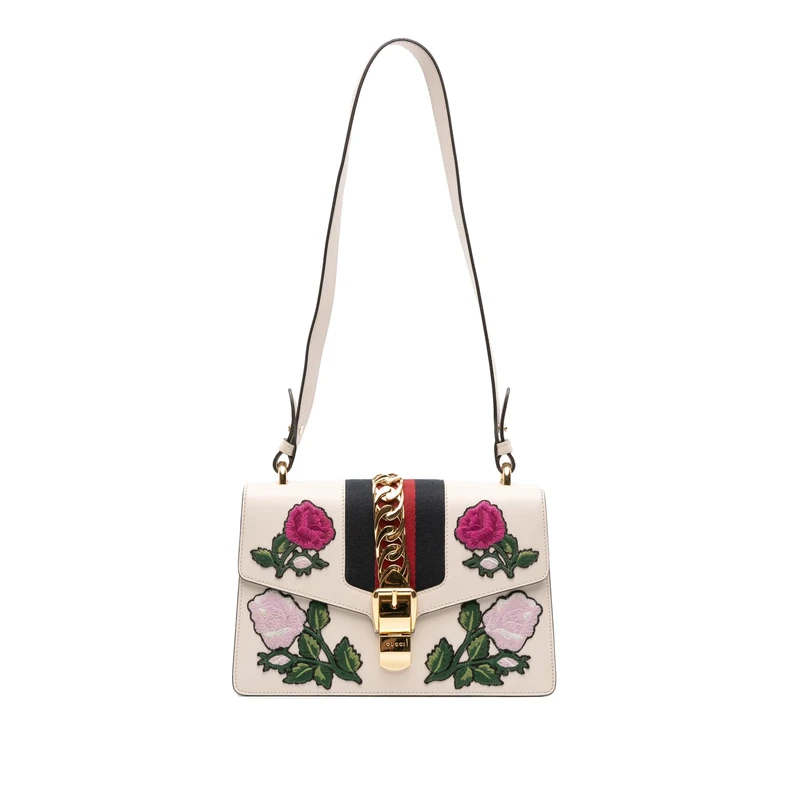 Gucci Pre-Loved Small Floral Embroidered Leather Sylvie Satchel Handbag
