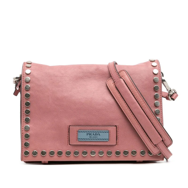 Prada Pre-Loved Glace Calf Studded Etiquette Flap Crossbody Bag
