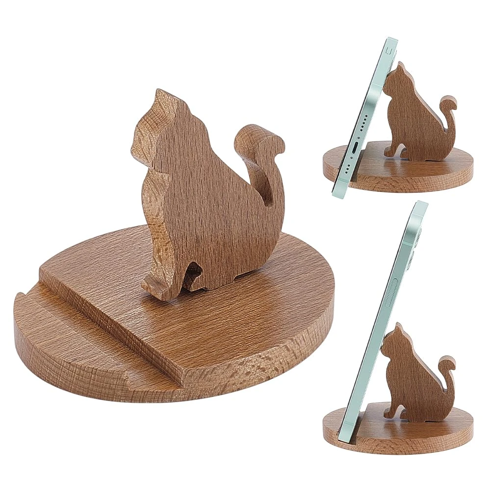 NBEADS Cell Phone Tablet Wooden Stand, Animal Phone Holder Cat Decorative Smartphone Desk Holder with Non-Slip for Various Models of Mobile Phones and Tablets, Sandy Brown