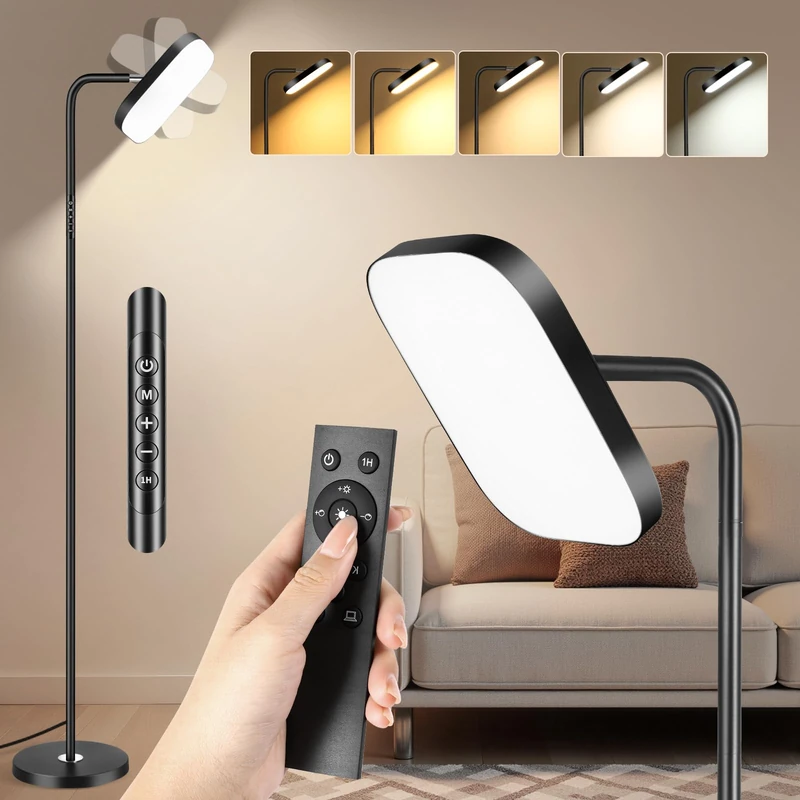 LED Floor Lamp 36W Uplighter Standing Light with Remote Control 3200lm Dimmable Adjustable Floor Reading Lamp with 5 Color Temperature and 360°Rotating Head for Living Room, Bedroom, Office, Black