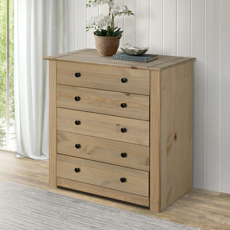 Mews Panama 5 Drawer Chest of Drawers Solid Pine Wood Waxed Oak Finish