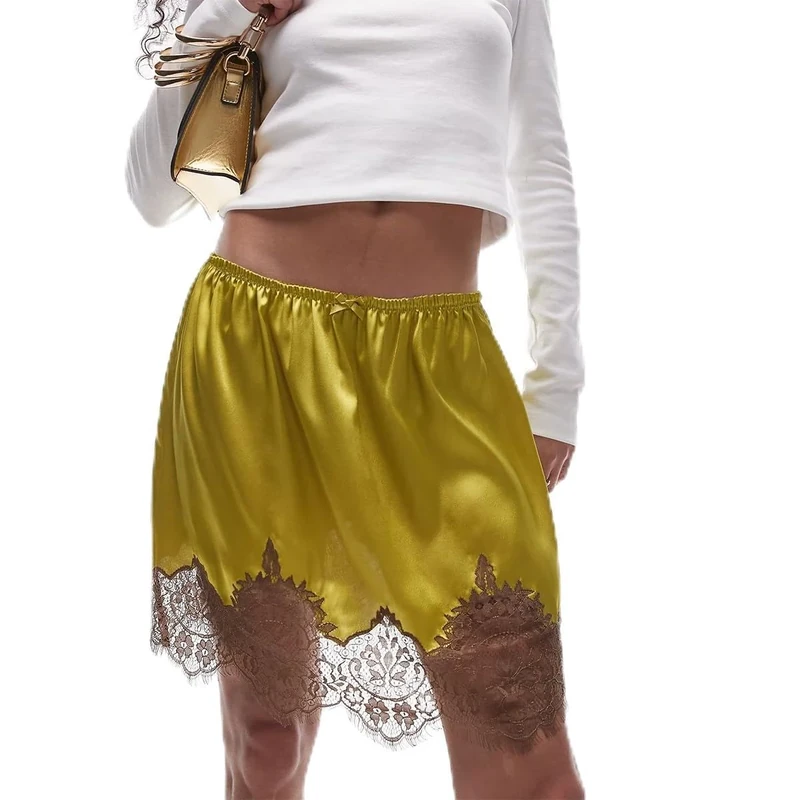 Caziffer Women Satin Silk Lace Trim Shorts Silky Low Rise Boxer Shorts Y2k Teen Girls Cute Coquette Lounge Slip Bottoms (Gold, M)