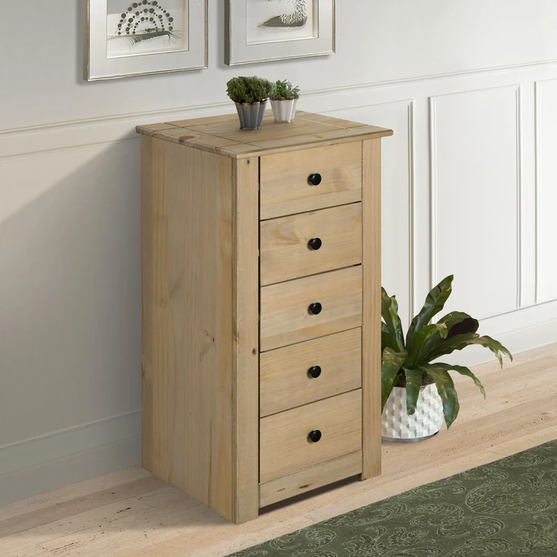 Mews Panama 5 Drawer Tall Chest of Drawers Solid Pine Wood Waxed Oak Finish